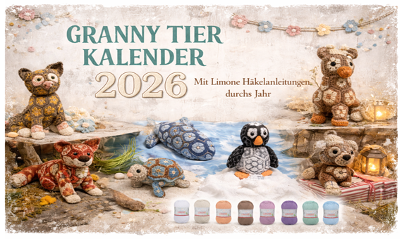Granny Tier Kalender 2026 - geh�kelte Tiere aus Limone Baumwolle von Schoeller & Stahl