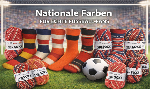 Fußball Sockenwolle in Nationalfarben von Lang Yarns mit Fan-Socken auf Fußball-Poster