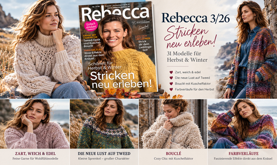 Rebecca 3/26 Strickmagazin mit Herbst- und Wintermodellen aus Tweed, Boucl� und Farbverlaufsgarnen